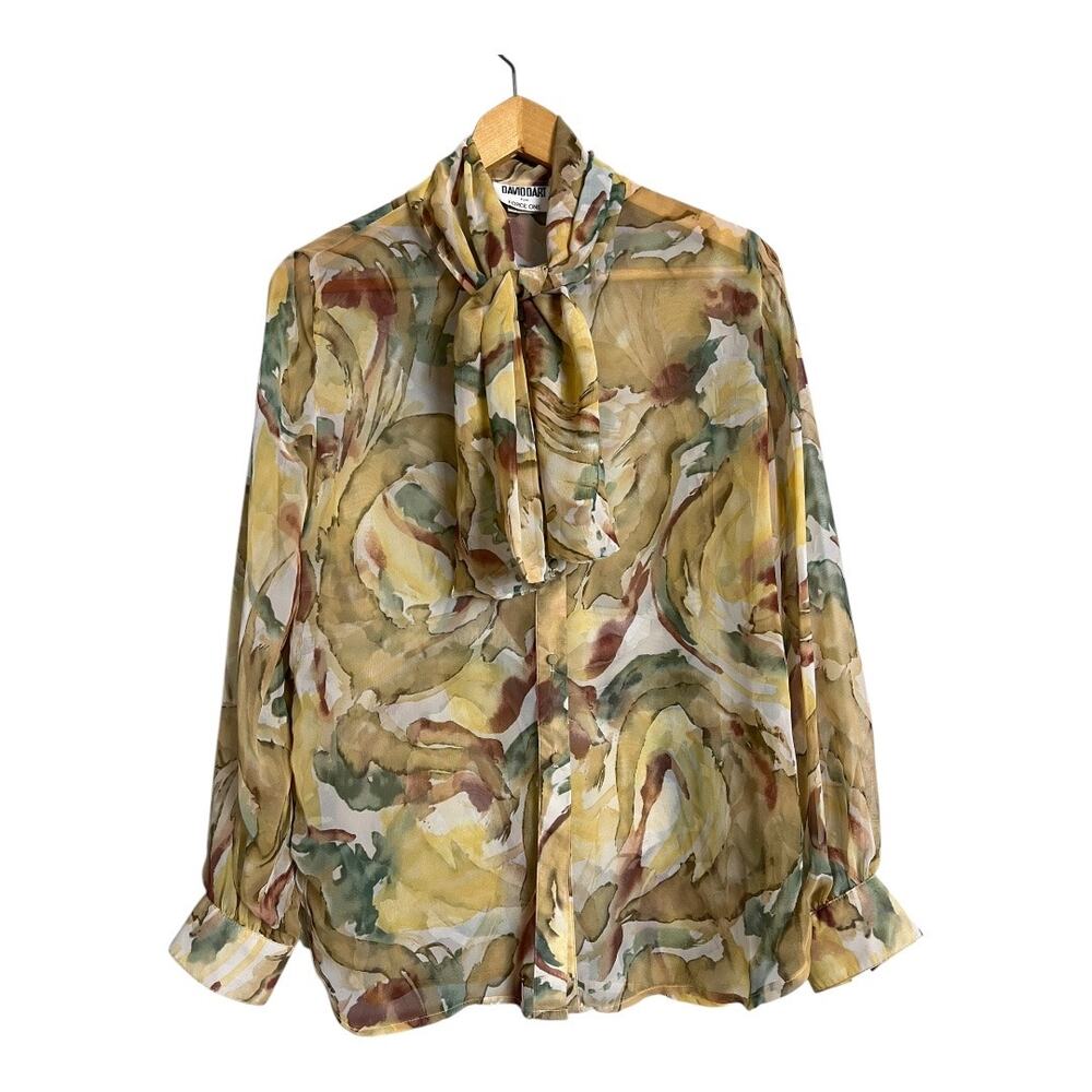 Vintage David Dart Force One sheer watercolor blouse kitten bow Academia